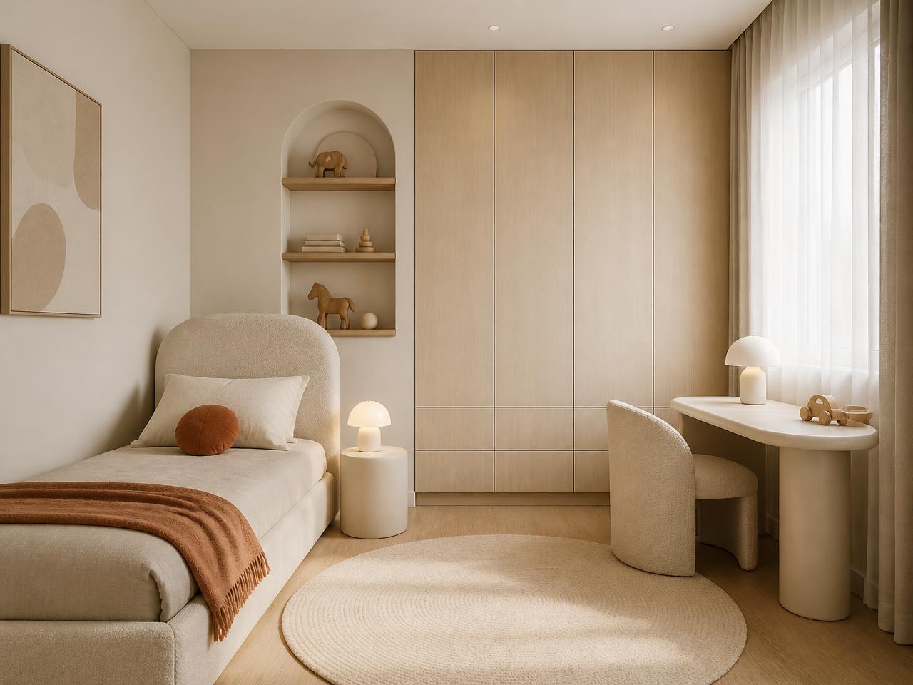 Детская 12 м² в стиле Soft Minimal: кровать с округлым изголовьем, шкаф из светлого дерева, ниша с полками