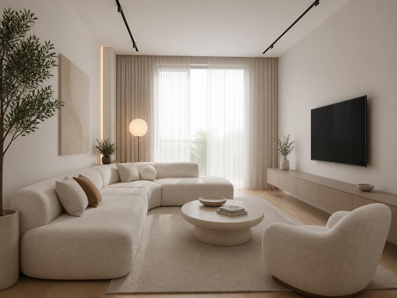 Гостиная 20 м² в стиле Soft Minimal: округлый диван из букле, ровная ТВ-стена с подвесной тумбой, мягкий ковёр